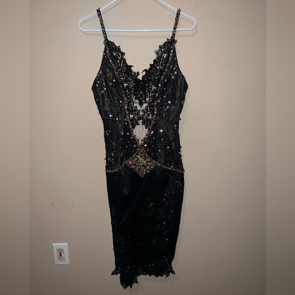 Black Beaded Lace Cocktail Dress